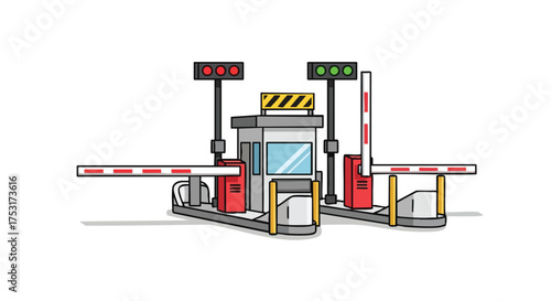 Stylized toll booth illustration showcasing automated payment infrastructure and access control systems with vibrant, inviting color palette
