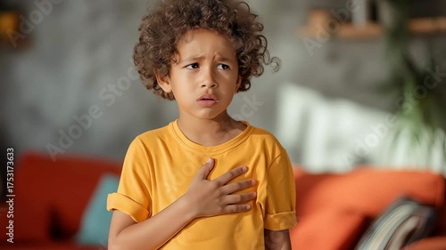 Curly-haired little boy with his hand on his chest, looking breathless and scared