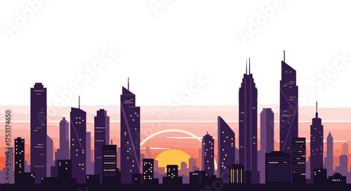 Stylized Metropolis Skyline at Sunset: A Modern Urban Vista with Geometric Shapes and Glowing Windows