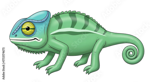Isolated cute cartoon chameleon lizard, tropical wild reptile creature, vibrant colors