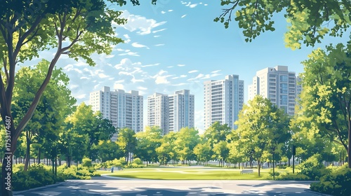 Lush Urban Park Surrounded by Modern Skyscrapers and Residential Buildings