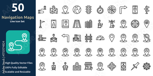 Navigation and maps icon set in Outline style. Minimilist and trendy Icon set. Containing Icons,Destination,Map,Placeholder,Globe,Traffic lights,and so on.