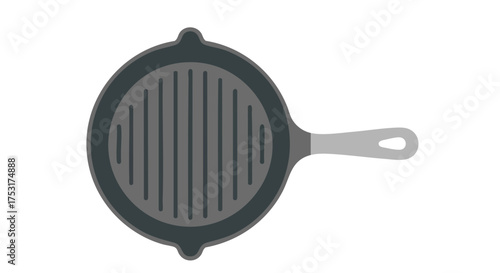 A modern stylized illustration of a gray cast iron skillet with grill marks for diverse culinary applications and designs projects