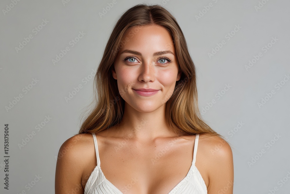 Obraz premium Smiling young woman with long hair in white top, showing natural beauty and healthy glowing skin. Clean and confident portrait in bright studio lighting.