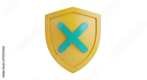 Isolated rendering of a yellow security shield with a teal cross, protection technology