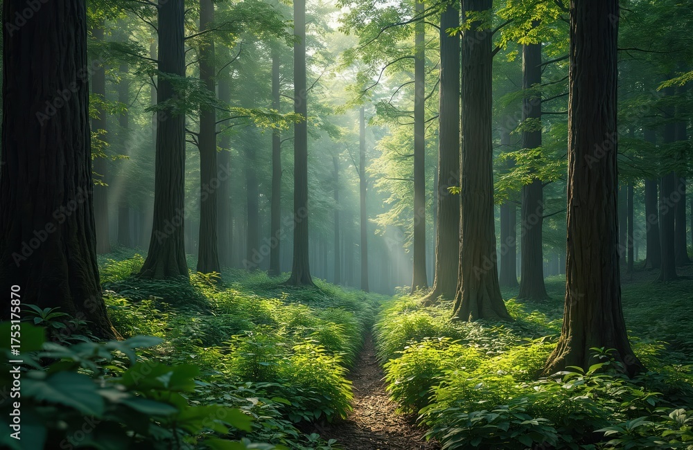 Obraz premium Path winds through dense green forest with tall trees. Morning sunbeams stream through misty air, illuminating vegetation. Magical woodland landscape peaceful, serene. Trail invites tranquil walk in