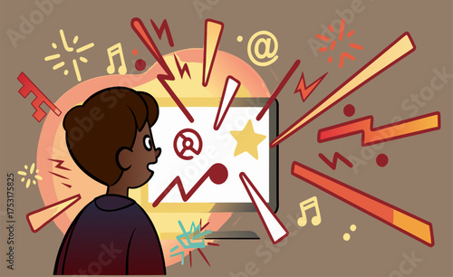 Young Boy Experiencing Intense Digital Content Explosion