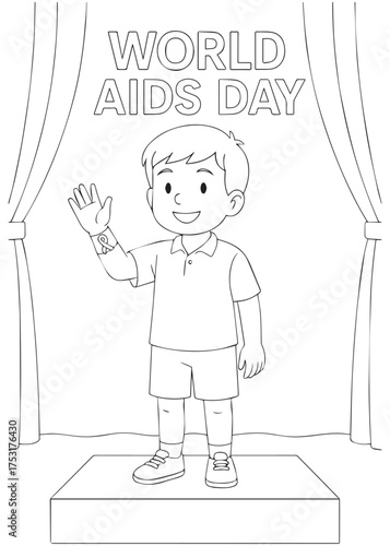 coloring book boy on stage waving under WORLD AIDS DAY banner, awareness event line art