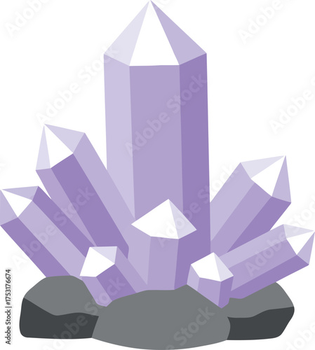 Sparkling amethyst crystal cluster on rocky base vector