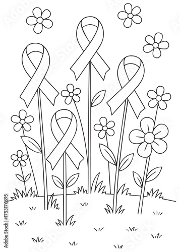 coloring book garden of flowers with ribbons, World AIDS Day awareness nature scene line art
