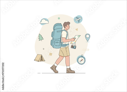 A male traveler or adventurer backpacking journeys walking purposefully. He is carrying a large, light-blue backpack and holding a paper map to check his route.
