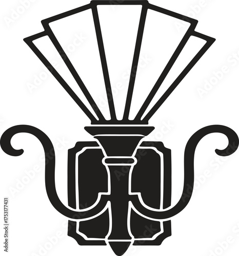 Elegant art deco torch sconce featuring fan-shaped flame and scroll work details