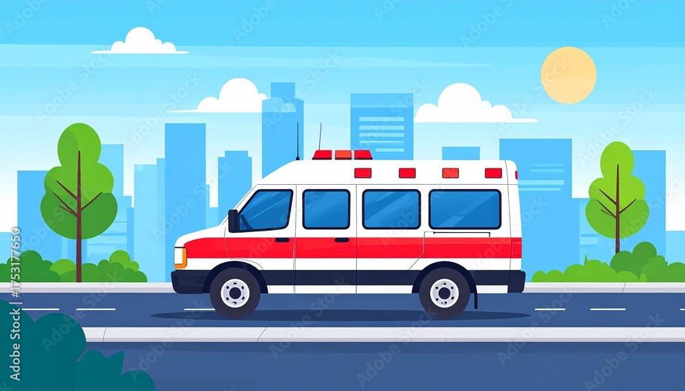 Fototapeta premium Ambulance Driving on City Street with Buildings and Sunlight