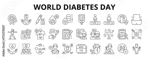 30 World Diabetes Day Line Icons Vector - Type 1 Diabetes, Type 2 Diabetes, Diet, Endocrinology, Diagnosis, Symptoms, No Sweet, Glucose