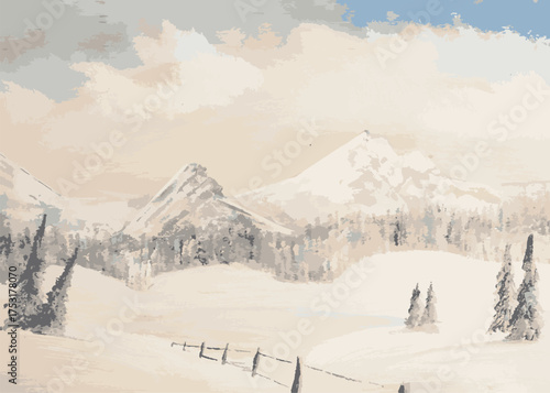 Beautiful winter landscape with a lake, forest and mountains, seasonal or holiday greetings background, vector illustration