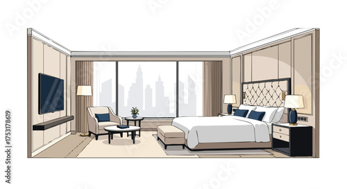 Refined Hotel Room Suite Rendering with Expansive City View Offering a Sense of Modern Luxury and Comfort Experience