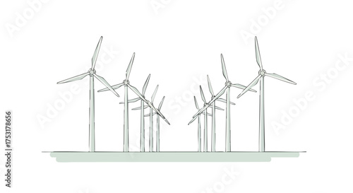 Wind turbines sketched on white backdrop showcasing sustainable energy alternatives for ecological harmony and renewable electricity generation