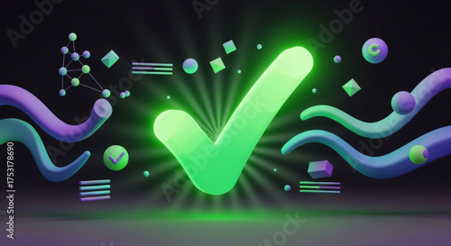 Glowing check mark graphic design with abstract shapes for approval success and validation concept art