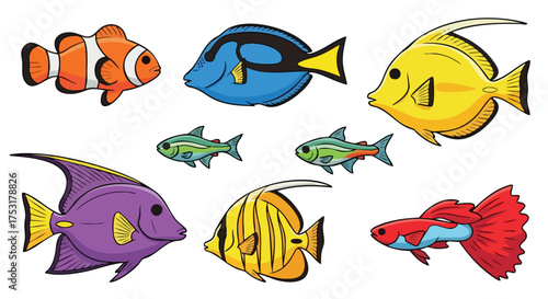 Animated assortment of colorful reef fish species, ideal for educational materials and children's books, vibrant cartoon fish collection