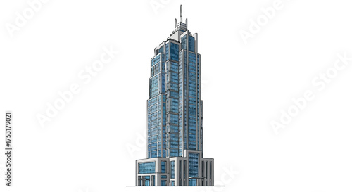 Watercolor architectural visualization of a modern skyscraper with a sleek blue glass facade and clean lines towering high above the ground