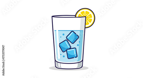 Refreshing Citrus Splash: A Glass of Sparkling Water with Ice and Lemon Slice illustration