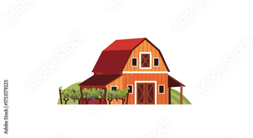 Charming countryside escape: stylized barn amidst lush vineyards in a peaceful agricultural setting