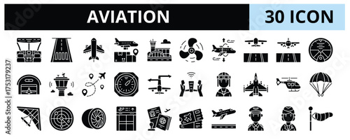 30 Aviation Glyph Icons Vector - Air Freight, Propeller, Hangar, Helicopter, Parachute, Glider, Navigator, Landing