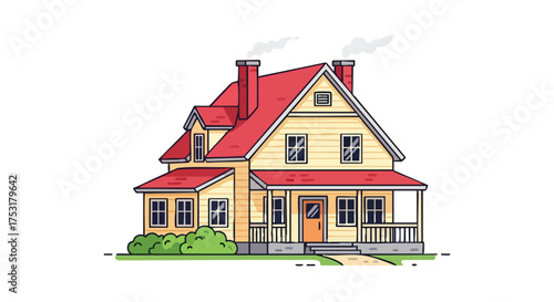 Illustrative suburban dwelling with red roof and smoking chimneys on white background