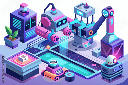 Smart robotics system working in neon cyber factory on white background