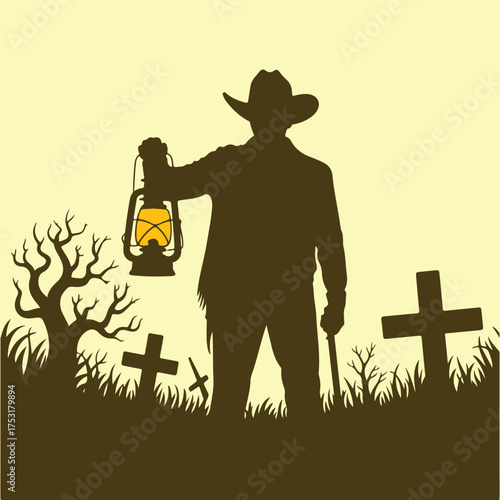 Eerie silhouette of a lone western gunslinger walking through a graveyard with a lantern