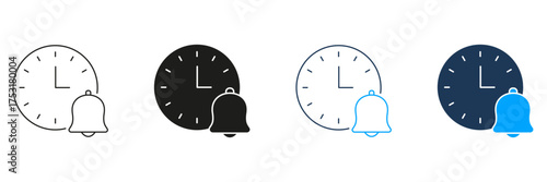Clock With Bell Line And Solid Icon Set. Time Management, Reminder, And Alarm Notification Symbol Collection. Schedule And Alert System. Isolated Vector Illustration