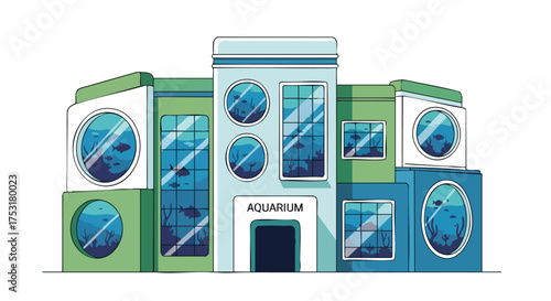 Stylized cartoon illustration of a colorful aquarium building with various underwater sea life scenes displayed in the facade
