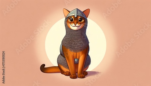 Cute Abyssinian cat in armor. Funny fantasy illustration combines regal beauty of Abyssinian breed and untamed spirit of battlefield knight, for veterinary clinic banner, mascot, marketing, packaging