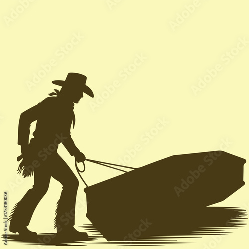 Graphic silhouette of a cowboy in a hat and boots, resolutely pulling a large, heavy coffin, illustrating themes of finality and burden