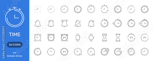 Time Management And Clock Icon Set. Alarm, Stopwatch, And Hourglass Outline Symbol Collection. Time Tracking And Scheduling Tools. Editable Stroke. Isolated Vector Illustration