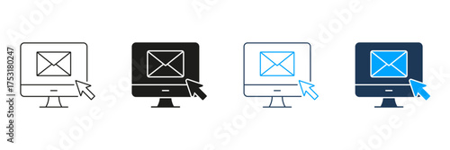 Computer Monitor With Email And Cursor Line And Solid Icon Set. Digital Communication And Online Messaging Symbol Collection. Email Notification And Internet Browsing. Isolated Vector Illustration
