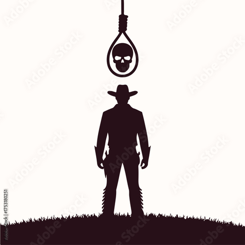 Western Justice Silhouette of Cowboy Facing Gallows with Skull and Rope