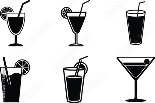 Cocktail and Beverage Glass Silhouette Vector Icons Set