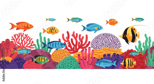 Colorful underwater world with coral reef and various fish species illustration in flat design style perfect for summer posters 99 character