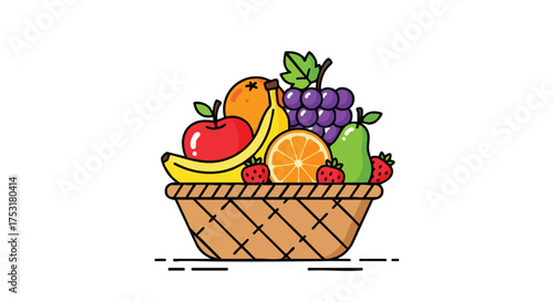 Vibrant fruit basket illustration featuring a delightful variety of fresh, colorful produce in vector style art graphic isolated on white background