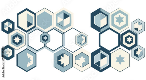 Geometric arrangement of hexagons with stars and triangles in muted blue and beige tones showcases pattern design