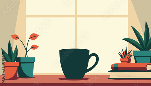 A cup with a self-improvement book on the table, minimalist design