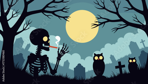 Skeleton smoking a cigarette under full moon in spooky graveyard, flat vector style  