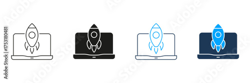 Rocket Launching From Laptop Line And Solid Icon Set. Startup, Innovation, And Technology Advancement Symbol Collection. Business Growth And Digital Transformation. Isolated Vector Illustration