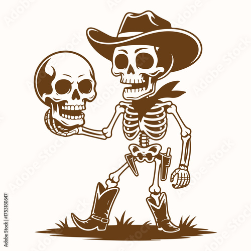 Whimsical Wild West skeleton cowboy character in boots and a hat holding a human skull