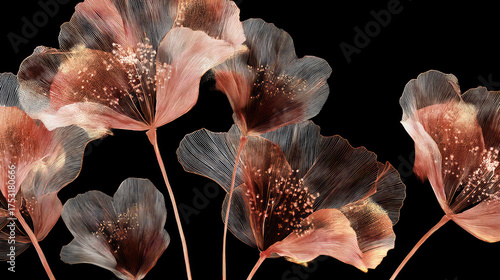 Elegant Rose Gold Floral Abstract on Black Luxury Background, Romantic Rose Gold Flower Illustration	