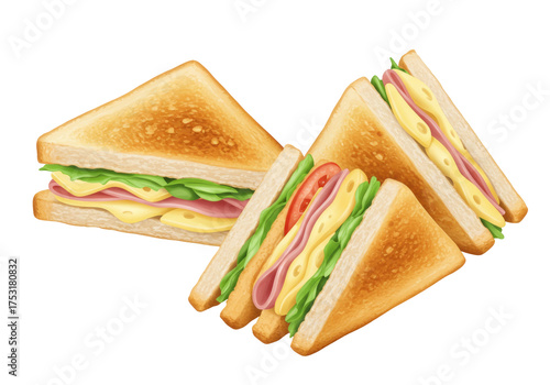 Isolated club sandwiches with cheese, ham, tomato and lettuce stacked for eating, snack food