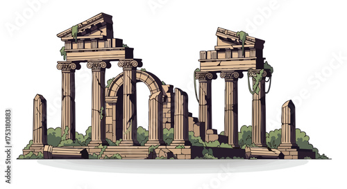 Illustration of ancient architectural ruins overgrown with foliage, hinting at forgotten stories and historical significance amidst nature's