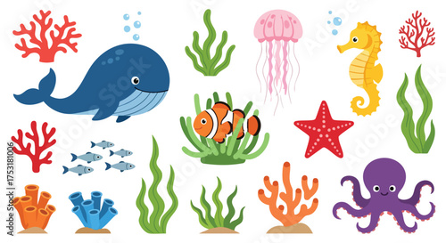 Whimsical Aquatic World: Cartoon Sea Creatures and Coral Reefs on a Seamless White Canvas Backdrop