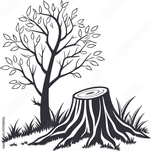 Simple silhouette of a tree stump on a white background
